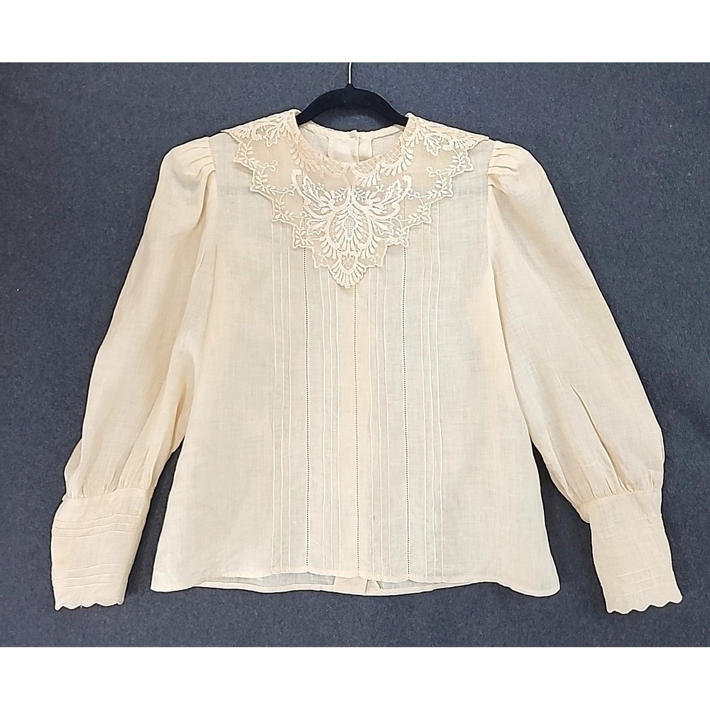 Vtg Linen Blouse Sz 14 Cloak of Many Colors Prairie‎ Lace Collar Pintuck Pleats